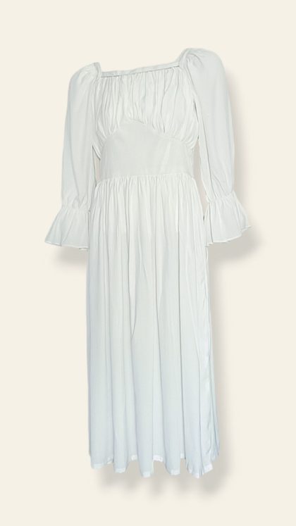 white ruffled long dress maxi